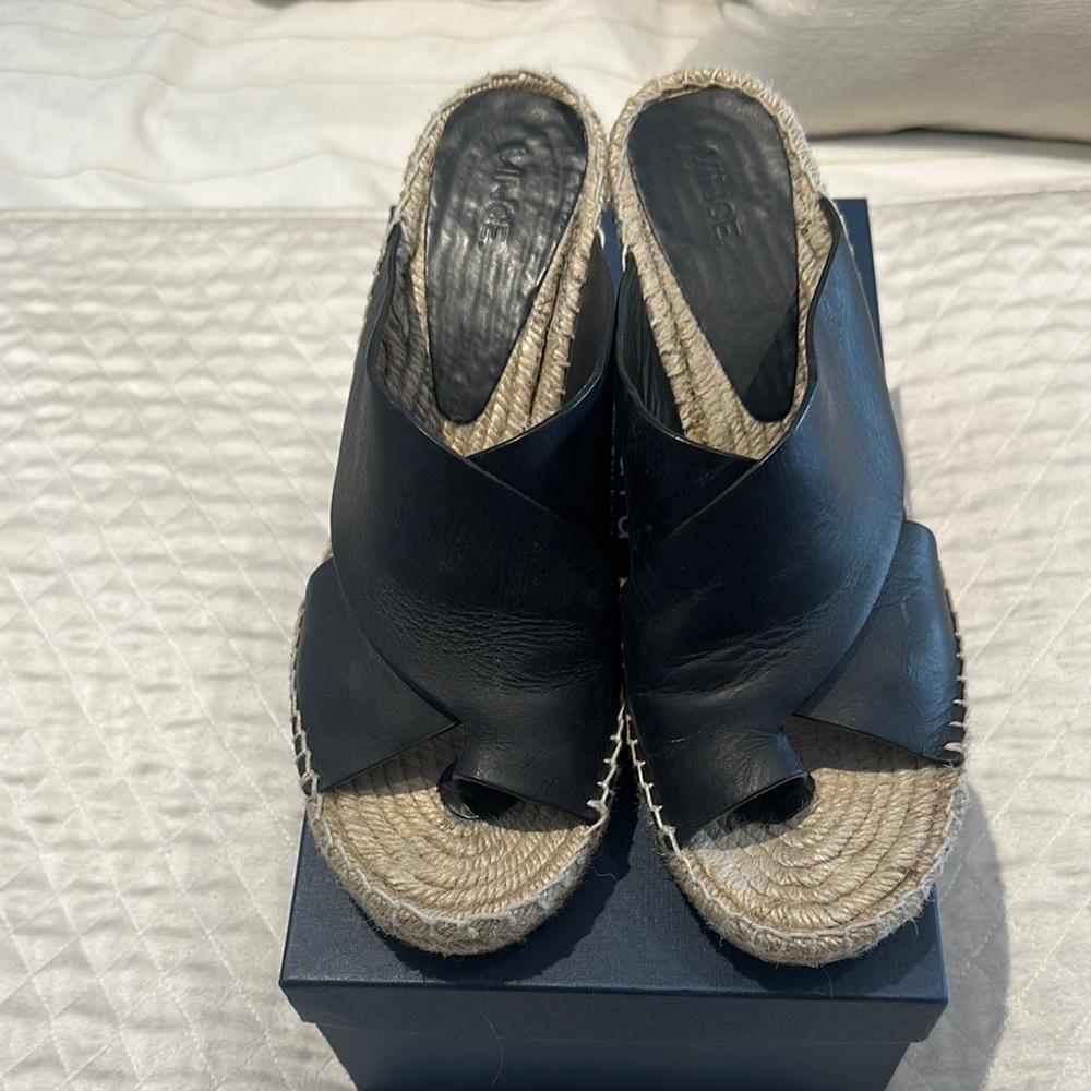 Vince black leather strap wedge size 9. 3 1/2 inch wedge.